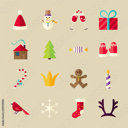 Happy New Year Objects Set. Flat Style Vector Illustration. Winter Holiday. Collection of Merry Christmas Objects over Beige Background