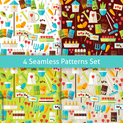 Four Vector Nature Gardening and Environment Patterns Set. Spring Season Garden Equipment Flat Design Vector Illustration. Background. Set of Plants and Flowers Items