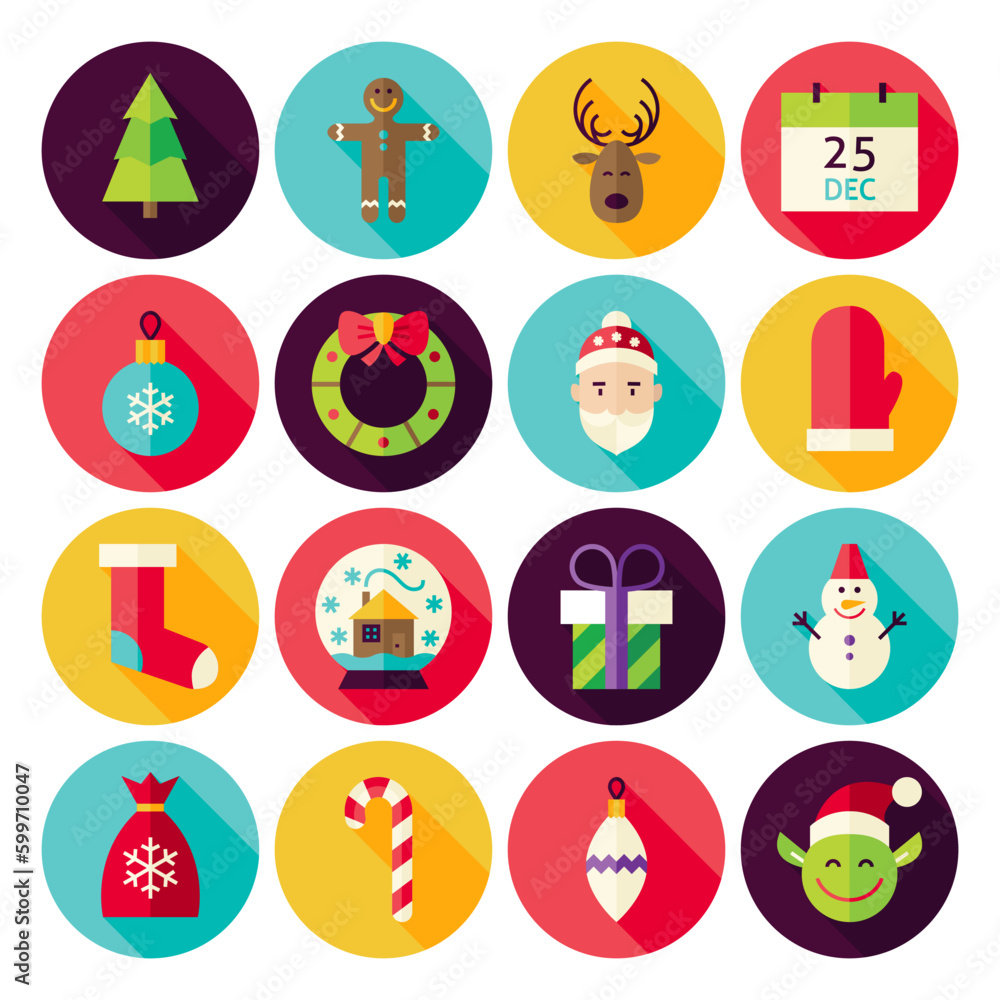 Merry Christmas New Year Icons Set with long Shadow. Flat Design Vector Illustration. Winter Happy New Year Holiday. Collection of Circle Icons