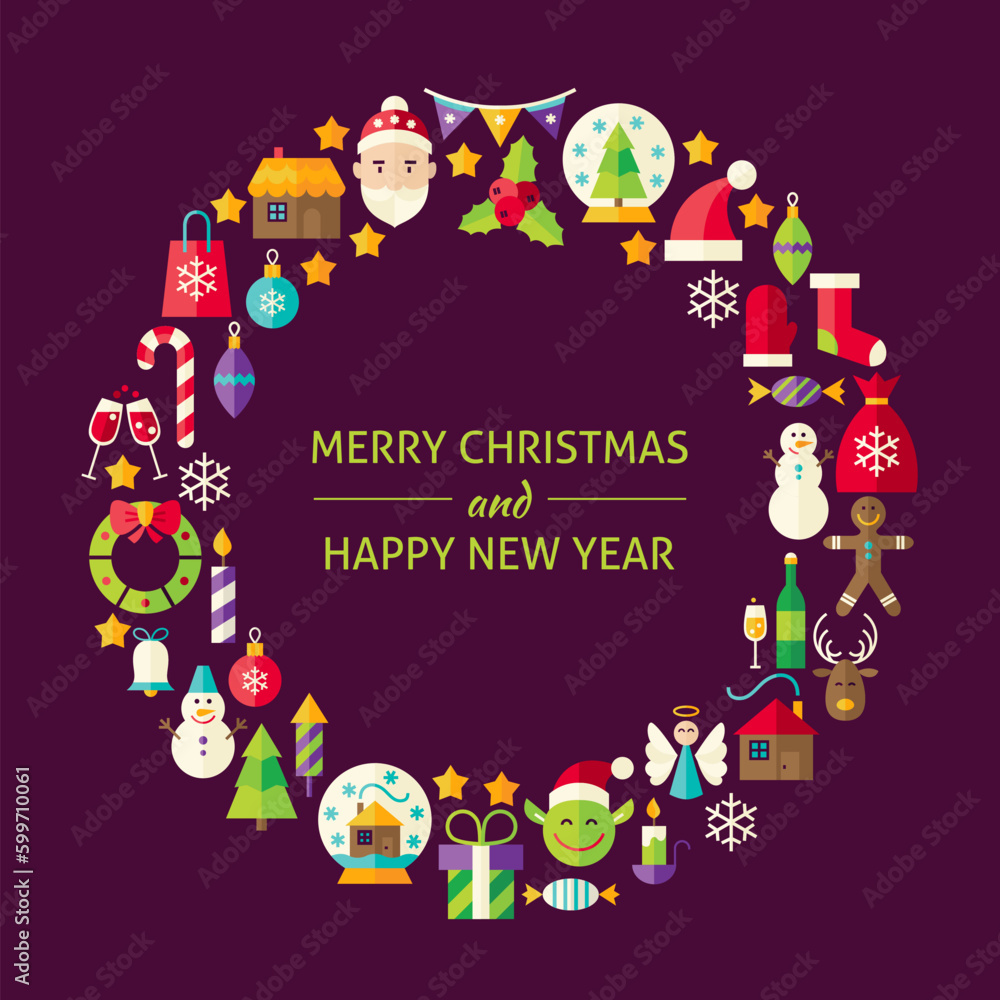 Merry Christmas New Year Flat Design Icons Circle Set. Vector Illustration of Decoration and Festival Cold Celebration Objects. Winter Holiday Items. Merry Christmas New Year Flat Design Icons Circle Set. Vector Illustration of Decoration and Festival Cold Celebration Objects. Winter Holiday Items.