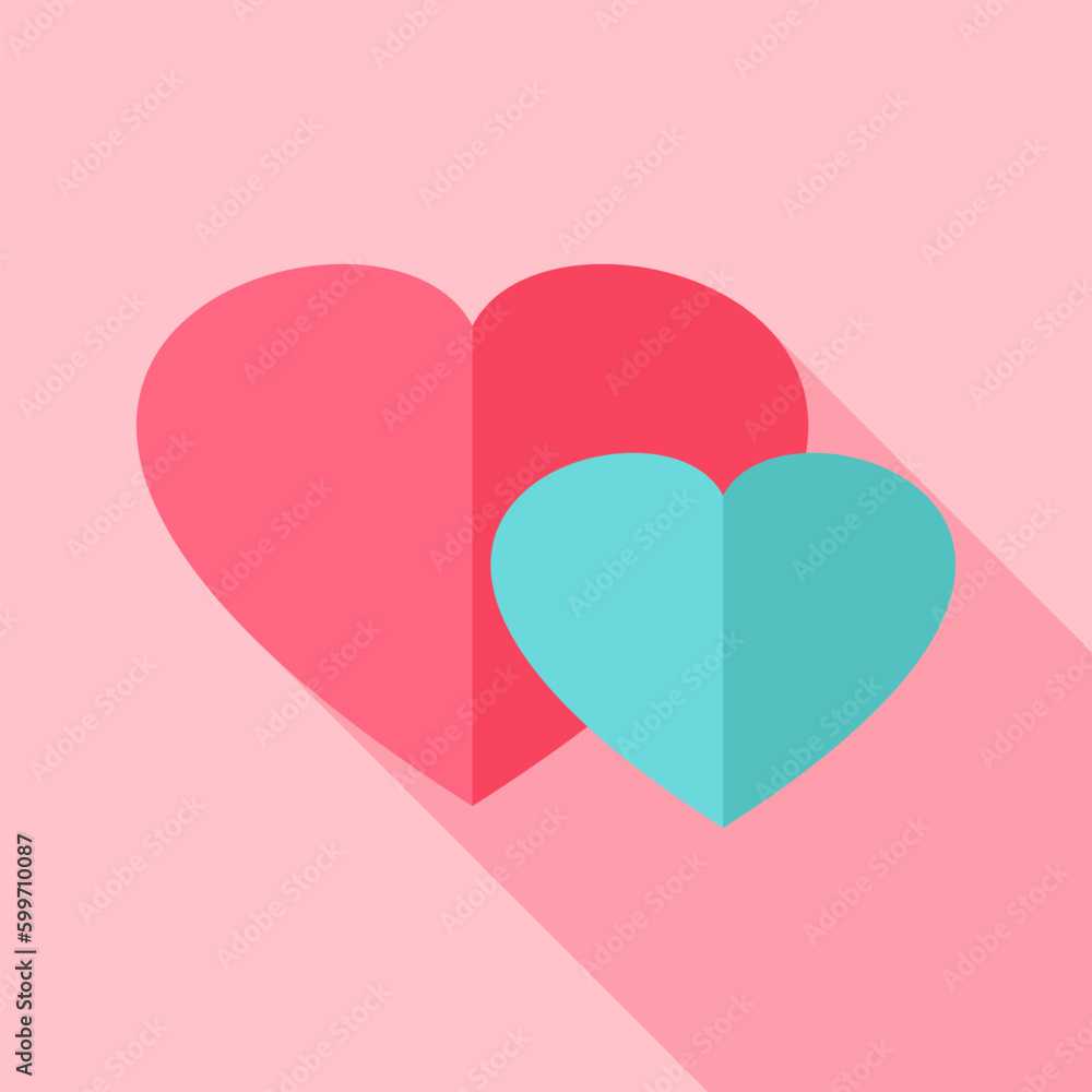Two hearts love sign. Flat stylized object with long shadow