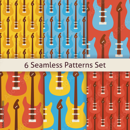 Six Rock Music Instrument Guitar Patterns Set. Pattern Music Instrument Guitar. Flat Style Vector Seamless Texture Background. Musical Template. Arts and Entertainment. String Guitar. Bass guitar.