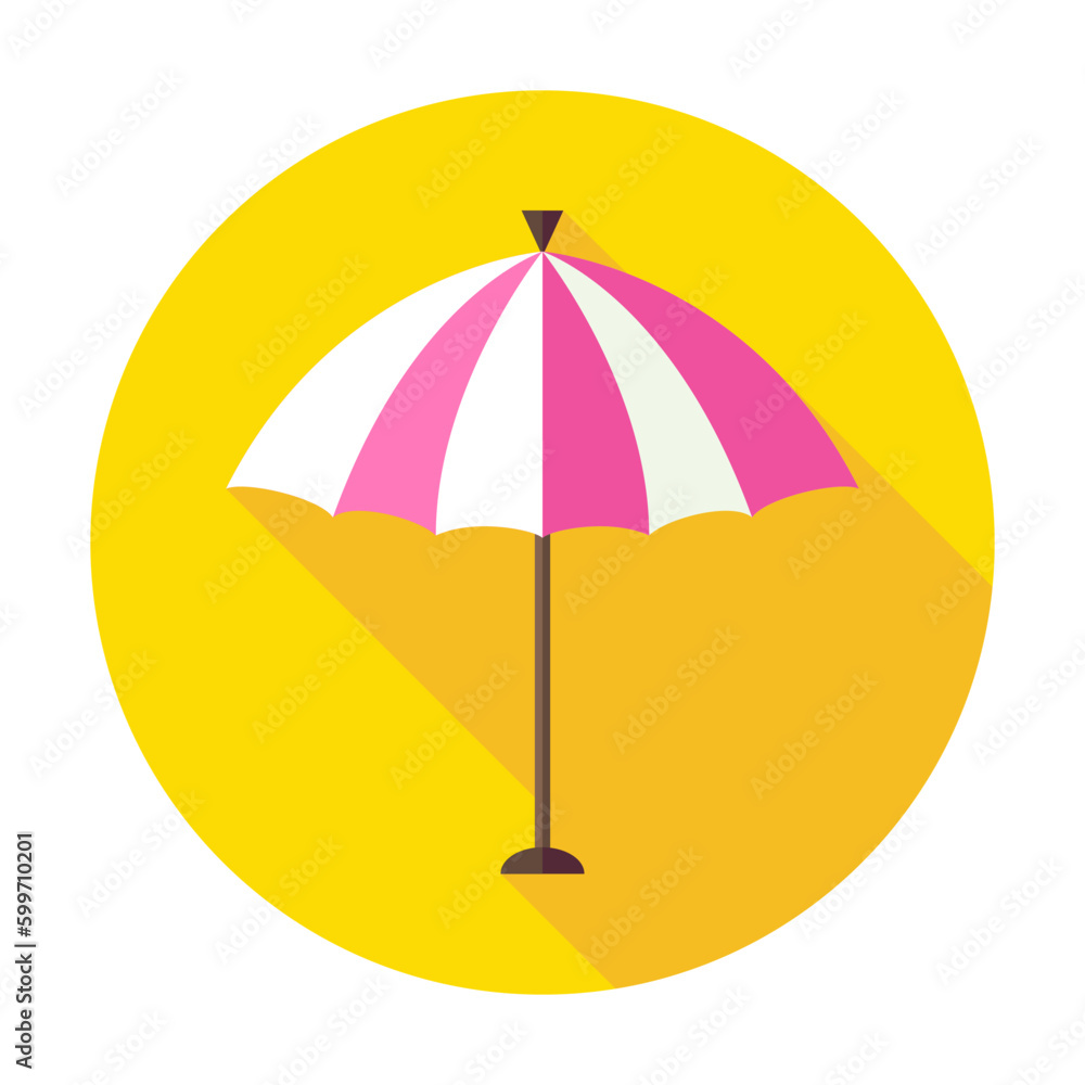 Flat Sun Summer Umbrella Circle Icon with Long Shadow. Summer Vacation Vector Illustration. Colorful Beach Resort Object.