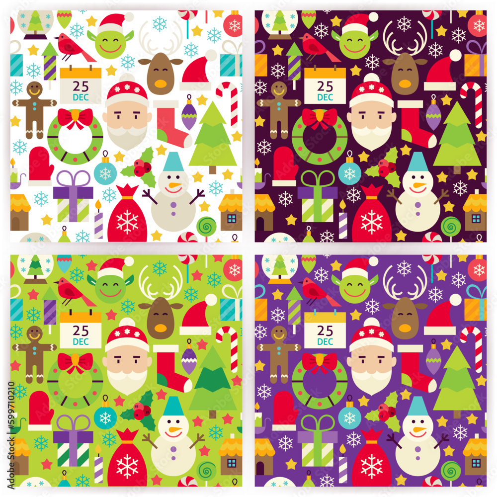Four Merry Christmas Patterns Set. Happy New Year Flat Design Vector Illustration. Tile Background. Set of Winter Holiday Items Four Merry Christmas Patterns Set. Happy New Year Flat Design Vector Illustration. Tile Background. Set of Winter Holiday Items