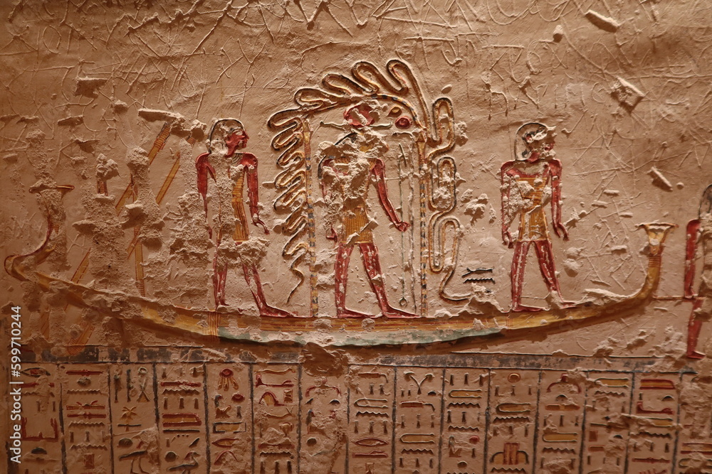 
Mural paintings in Ramses V and Ramses VI tomb (KV9) in valley of the kings in Luxor in Egypt
