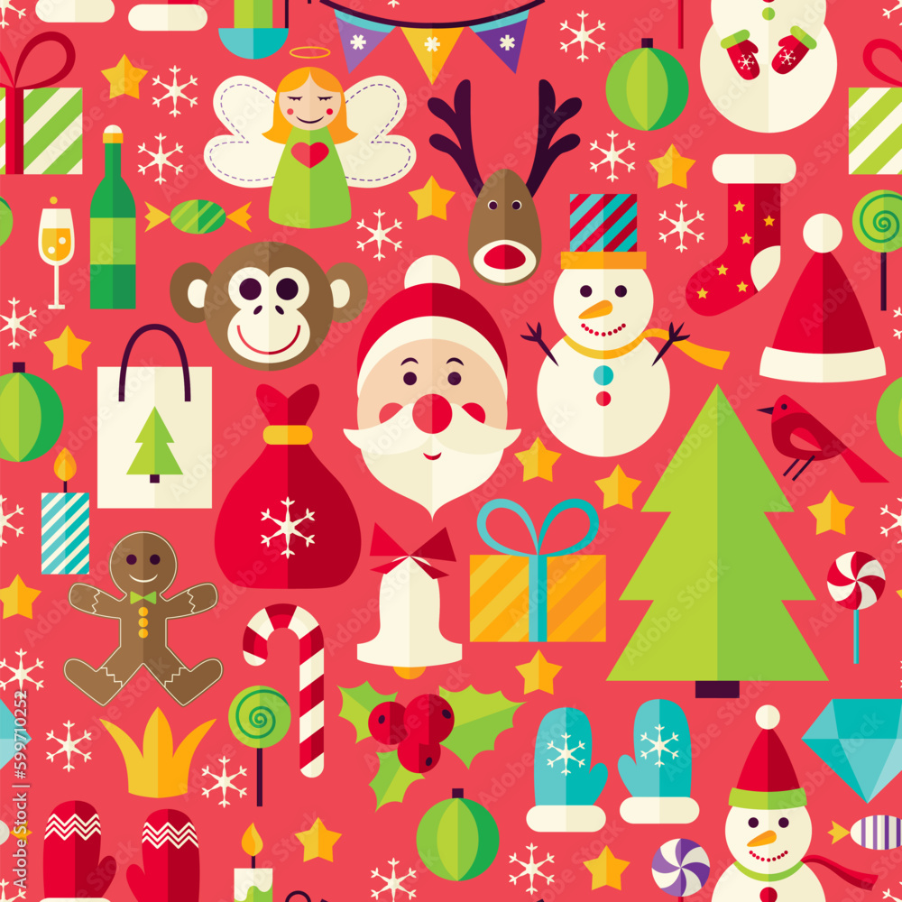 Happy New Year Red Seamless Pattern. Merry Christmas Flat Design Vector Illustration. Tile Background. Set of Winter Holiday Items.