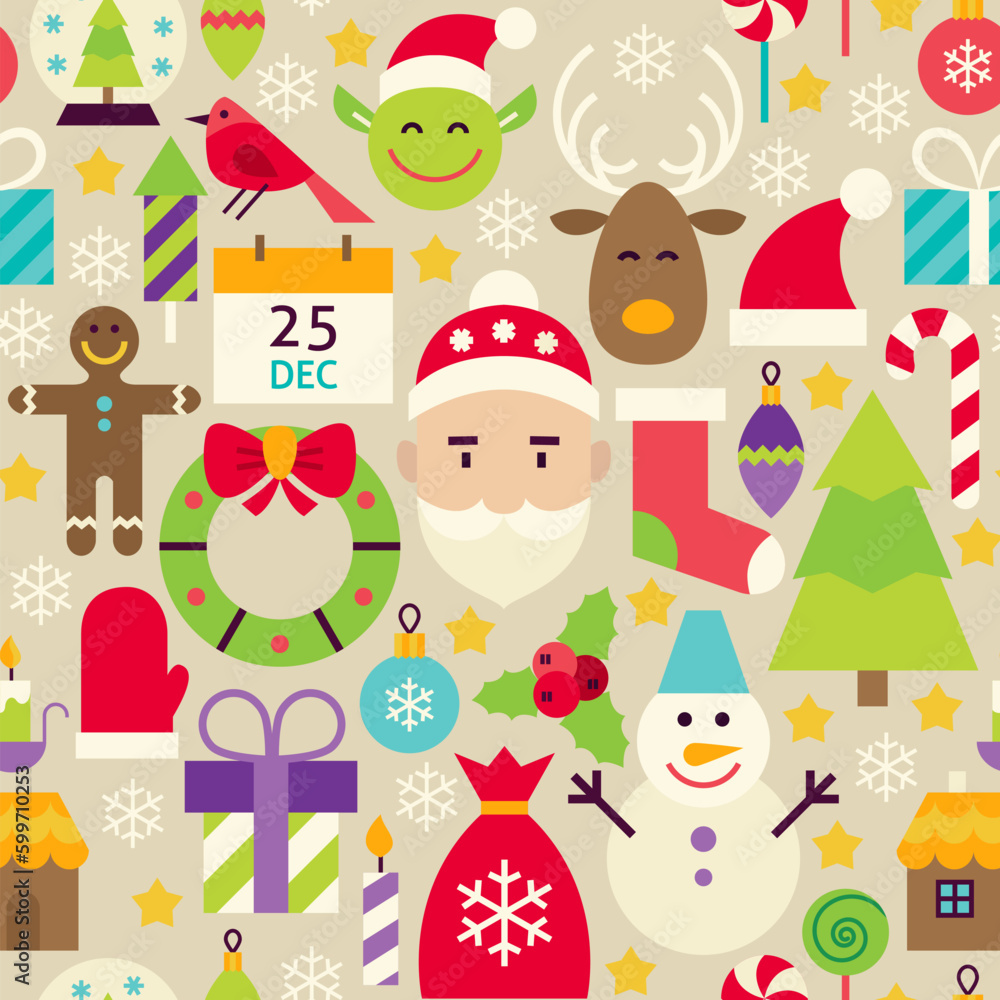 Merry Christmas Beige Seamless Pattern. Happy New Year Flat Design Vector Illustration. Tile Background. Set of Winter Holiday Items Merry Christmas Beige Seamless Pattern. Happy New Year Flat Design Vector Illustration. Tile Background. Set of Winter Holiday Items