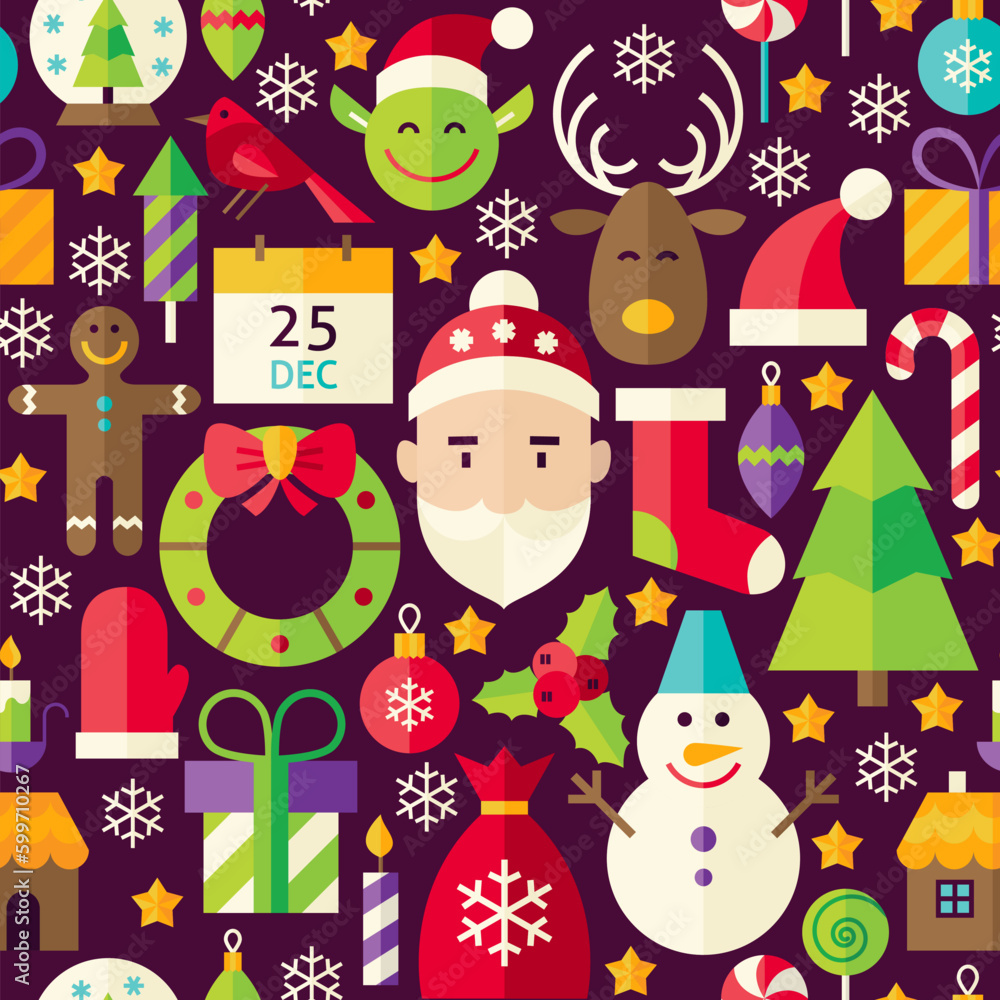 Merry Christmas Brown Seamless Pattern. Happy New Year Flat Design Vector Illustration. Background. Set of Winter Holiday Items