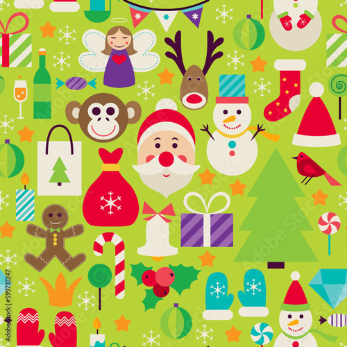 Happy New Year Green Seamless Pattern. Merry Christmas Flat Design Vector Illustration. Tile Background. Set of Winter Holiday Items.