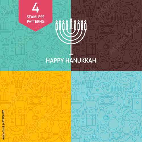 Thin Line Happy Hanukkah Patterns Set. Four Vector Jewish Winter Holiday Design and Seamless Background in Trendy Modern Line Style. Israel Judaism Religion