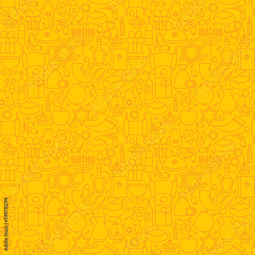 Thin Line Happy Hanukkah Seamless Yellow Pattern. Vector Jewish Winter Holiday Design and Seamless Background in Trendy Modern Line Style. Israel Judaism Religion