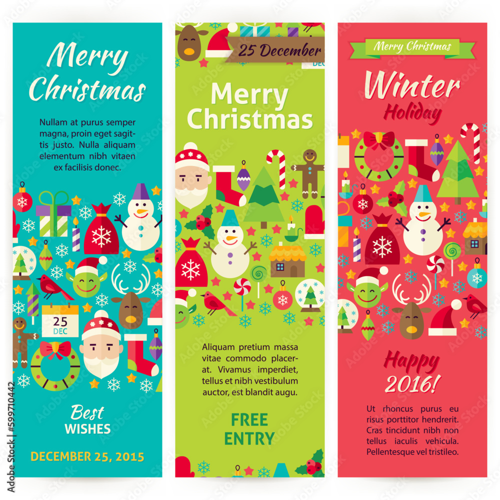 Fototapeta premium Winter Merry Christmas Holiday Invitation Template Flyer Set. Flat Design Vector Illustration of Brand Identity for Happy New Year Promotion. Colorful Pattern for Advertising.