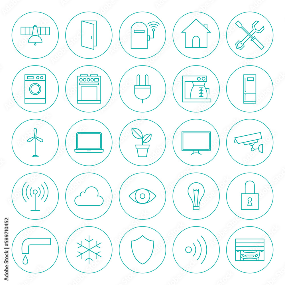 Line Circle Smart Home Technology Icons Set. Vector Set of Modern House Remote Control Thin Line Icons for Web and Mobile Isolated over White Background. Line Circle Smart Home Technology Icons Set. Vector Set of Modern House Remote Control Thin Line Icons for Web and Mobile Isolated over White Background.