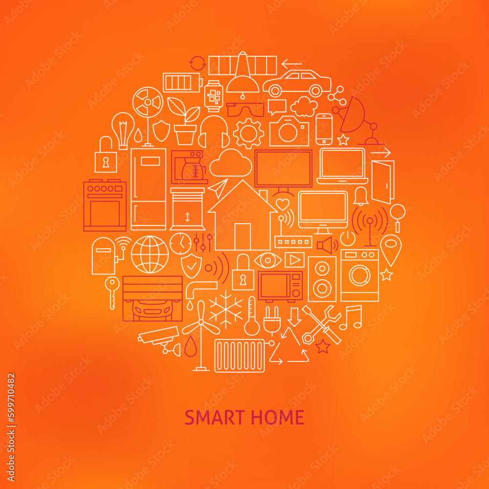 Thin Line Smart Home Icons Set Circle Concept. Vector Illustration of House Technology Modern Objects over Orange Blurred Background.