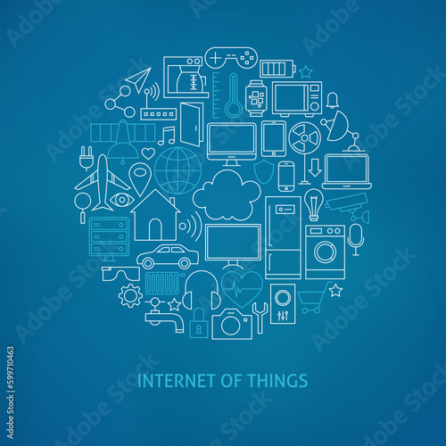 Thin Line Internet of Things Icons Set Circle Concept. Vector Illustration of Smart Home Technology Modern Objects over Blue Blurred Background.