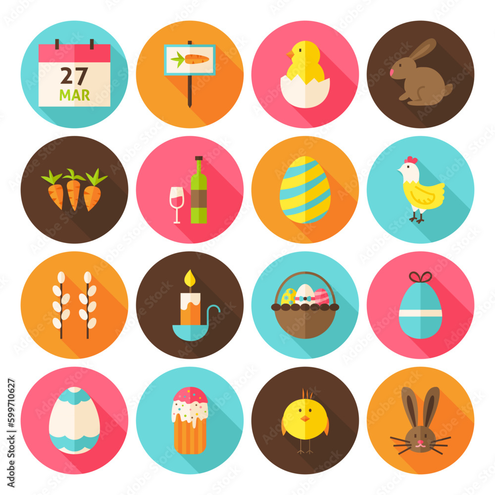 Happy Easter Holiday Icon Set with long Shadow. Flat Design Vector Illustration. Spring Religion Holiday. Collection of Circle website Icons. Happy Easter Holiday Icon Set with long Shadow. Flat Design Vector Illustration. Spring Religion Holiday. Collection of Circle website Icons.