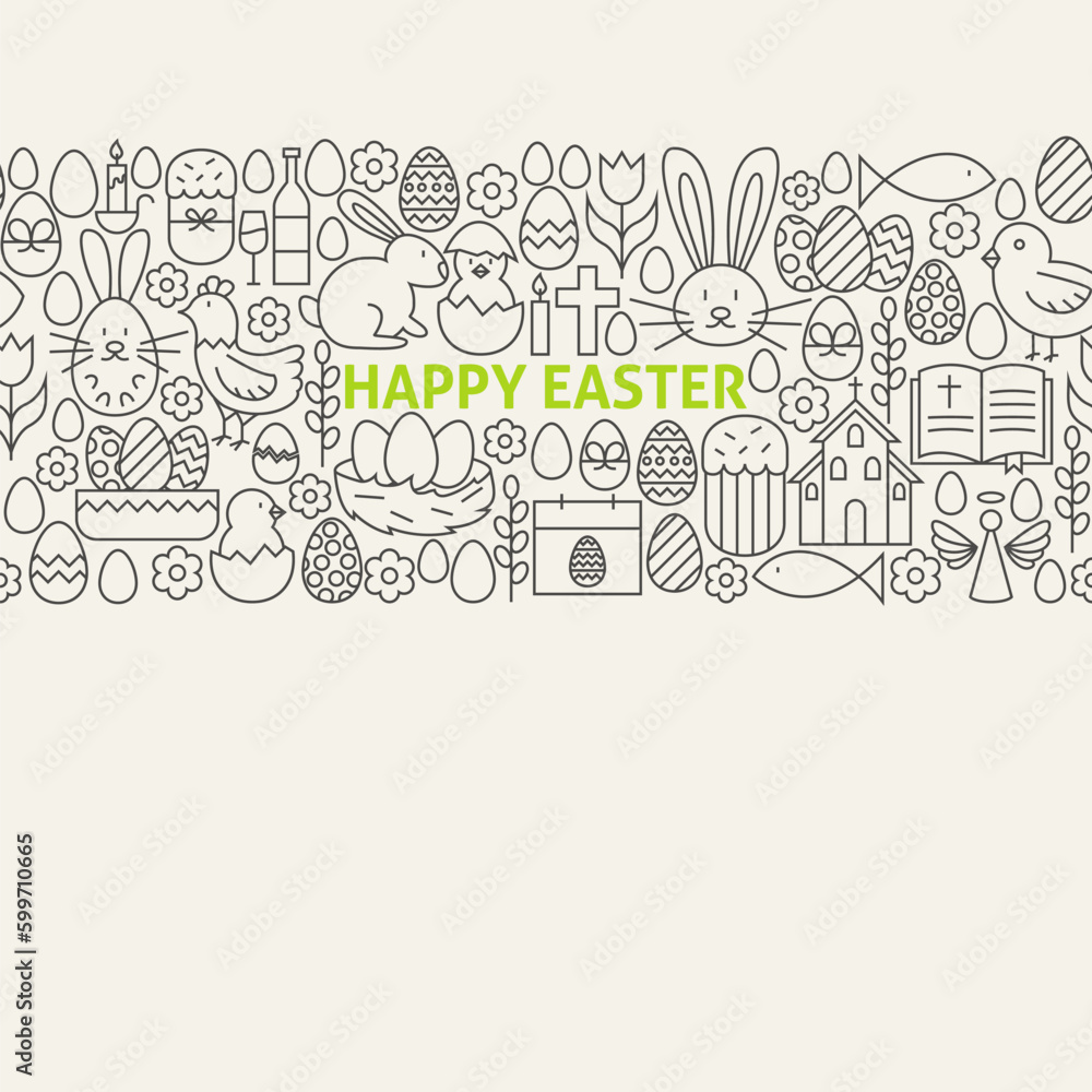 Happy Easter Line Art Icons Seamless Web Banner. Vector Illustration for Website banner and landing page. Spring Religious Holiday Modern Design.