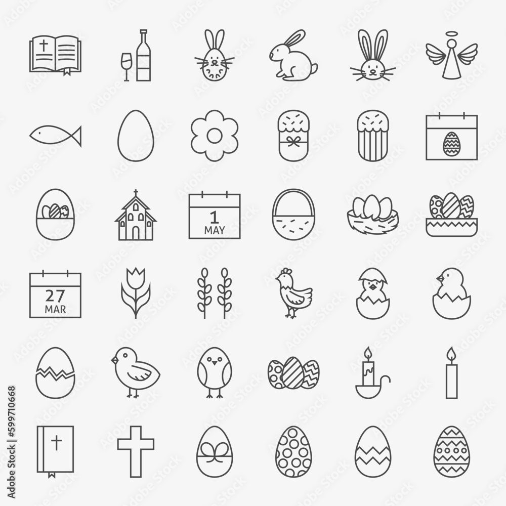 Happy Easter Line Icons Big Set. Vector Set of Modern Thin Outline Icons for Website and Mobile.