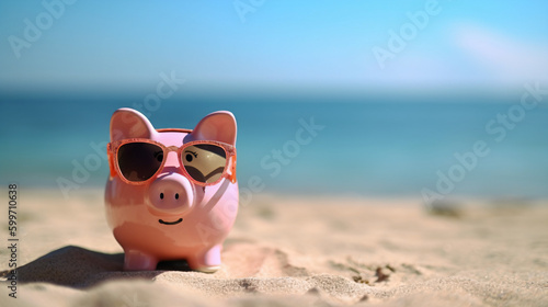 piggy bank and coins on beach