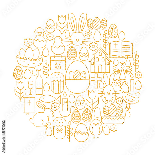 Gold Happy Easter Holiday Line Icons Set Circle Shape. Vector Illustration of Spring Holiday Objects.