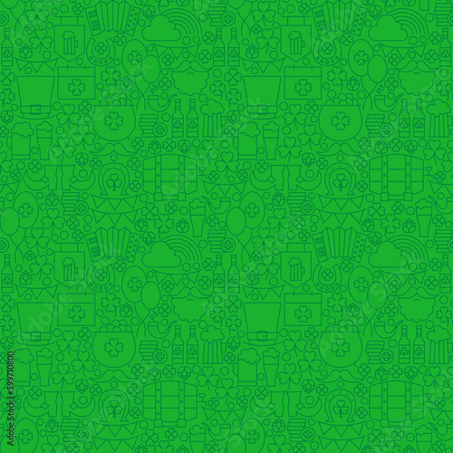 Thin Holiday Line Saint Patrick Day Green Seamless Pattern. Vector Design and Tile Background in Trendy Modern Style. Thin Outline Irish Art.