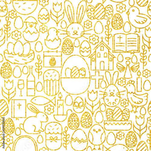 Thin Line Gold Happy Easter Seamless Pattern. Vector Website Design and Seamless Background in Trendy Modern Line Style. Spring Religion Holiday.