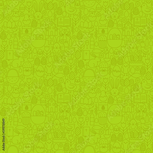 Thin Line Happy Easter Green Seamless Pattern. Vector Website Design and Seamless Background in Trendy Modern Outline Style. Spring Holiday.