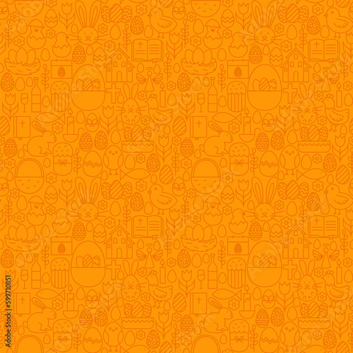 Thin Line Happy Easter Orange Seamless Pattern. Vector Website Design and Seamless Background in Trendy Modern Outline Style. Spring Holiday.