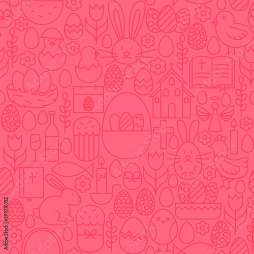 Thin Line Happy Easter Seamless Pink Pattern. Vector Website Design and Seamless Background in Trendy Modern Outline Style. Spring Holiday.