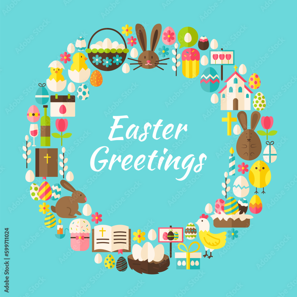 Flat Style Vector Circle Template Collection of Easter Greeting Objects. Set of Spring Religious Holiday Items. Flat Style Vector Circle Template Collection of Easter Greeting Objects. Set of Spring Religious Holiday Items.