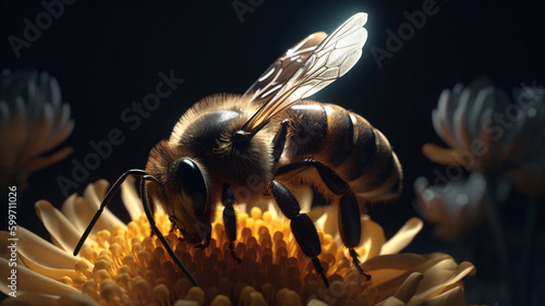 Closeup of bee taking polen from a sunflower flower, generative ai
