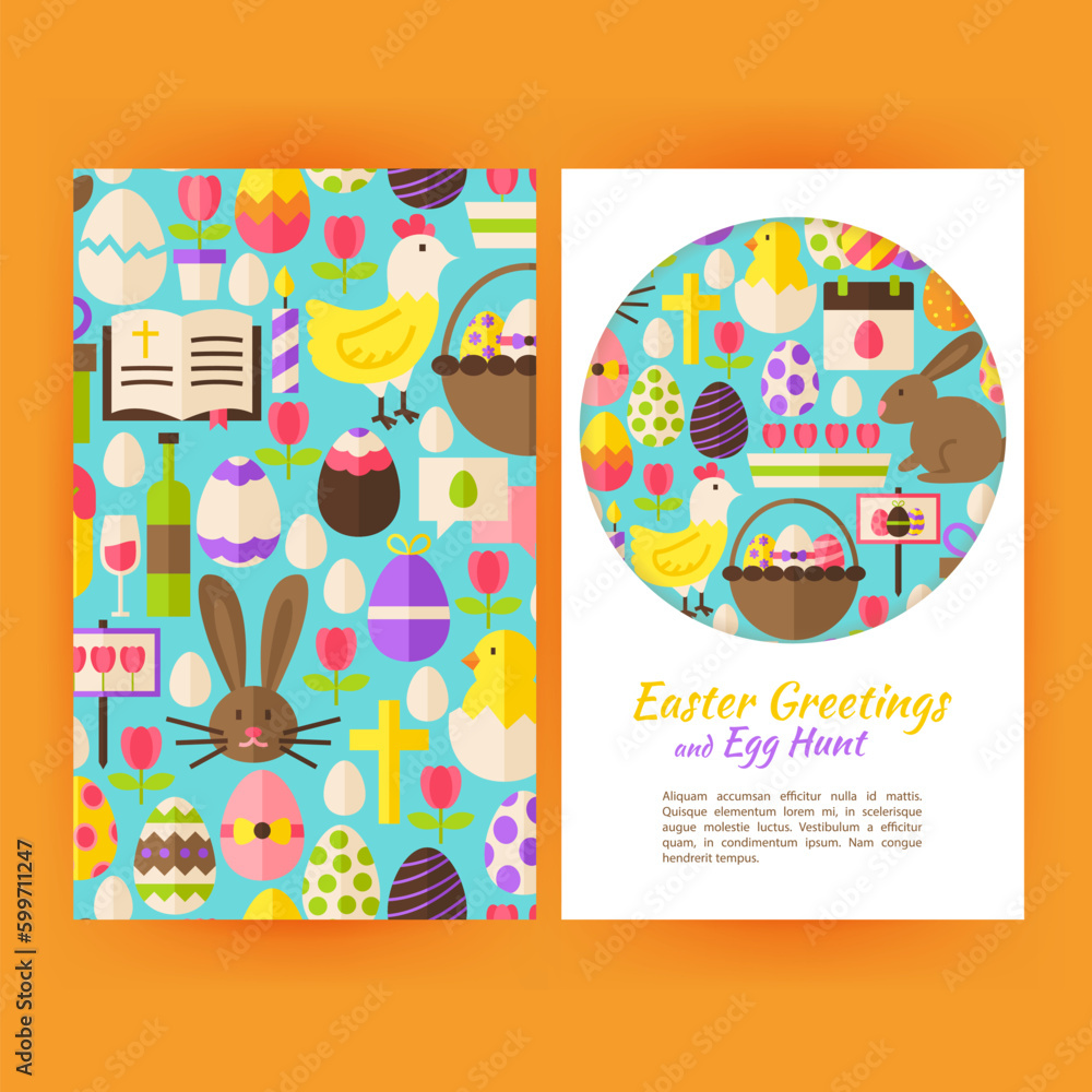Happy Easter Flyer Templates. Flat Style Vector Illustration of Brand Identity for Spring Promotion. Colorful Christian Holiday Pattern for Advertising. Happy Easter Flyer Templates. Flat Style Vector Illustration of Brand Identity for Spring Promotion. Colorful Christian Holiday Pattern for Advertising.