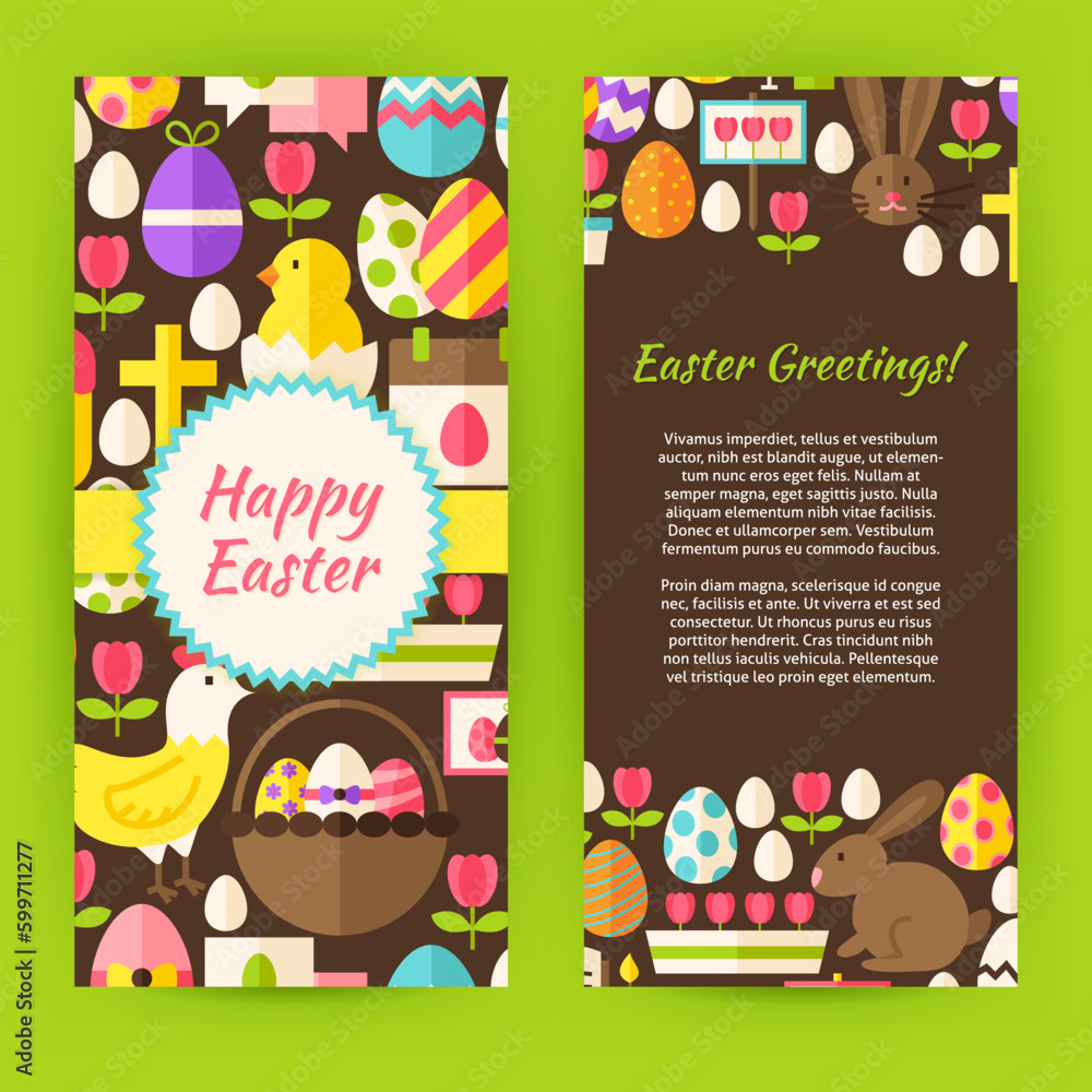 Fototapeta premium Vertical Flyer Template Happy Easter. Flat Style Design Vector Illustration of Brand Identity for Spring Promotion. Colorful Pattern for Christian Holiday Advertising.
