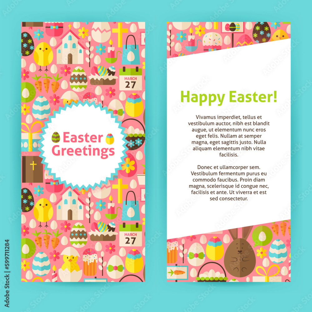 Vertical Flyer Templates for Happy Easter. Flat Style Design Vector Illustration of Brand Identity for Spring Promotion. Colorful Pattern for Christian Holiday Advertising.