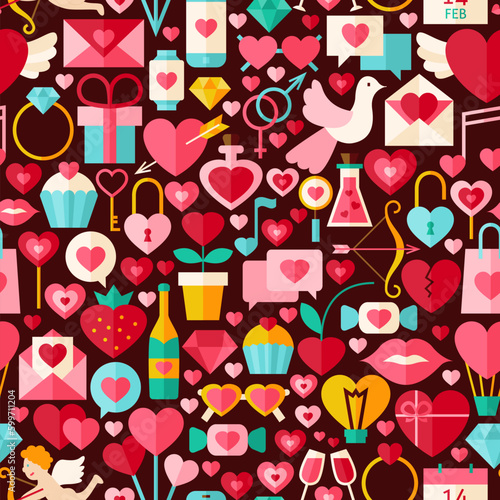 Valentine Day Dark Seamless Pattern. Love Flat Design Vector Illustration. Tile Background. Set of Wedding Items.