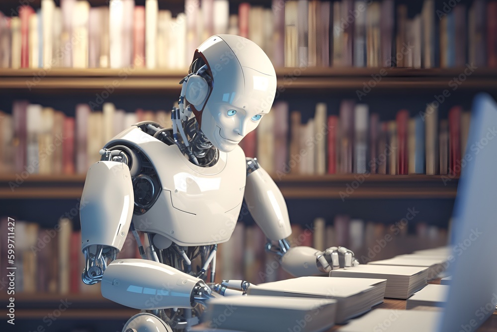 Humanoid robot reading books in a library. Concept for machine learning, artificial intelligence. Generative AI. Humanoid robot reading books in a library. Concept for machine learning, artificial intelligence. Generative AI.