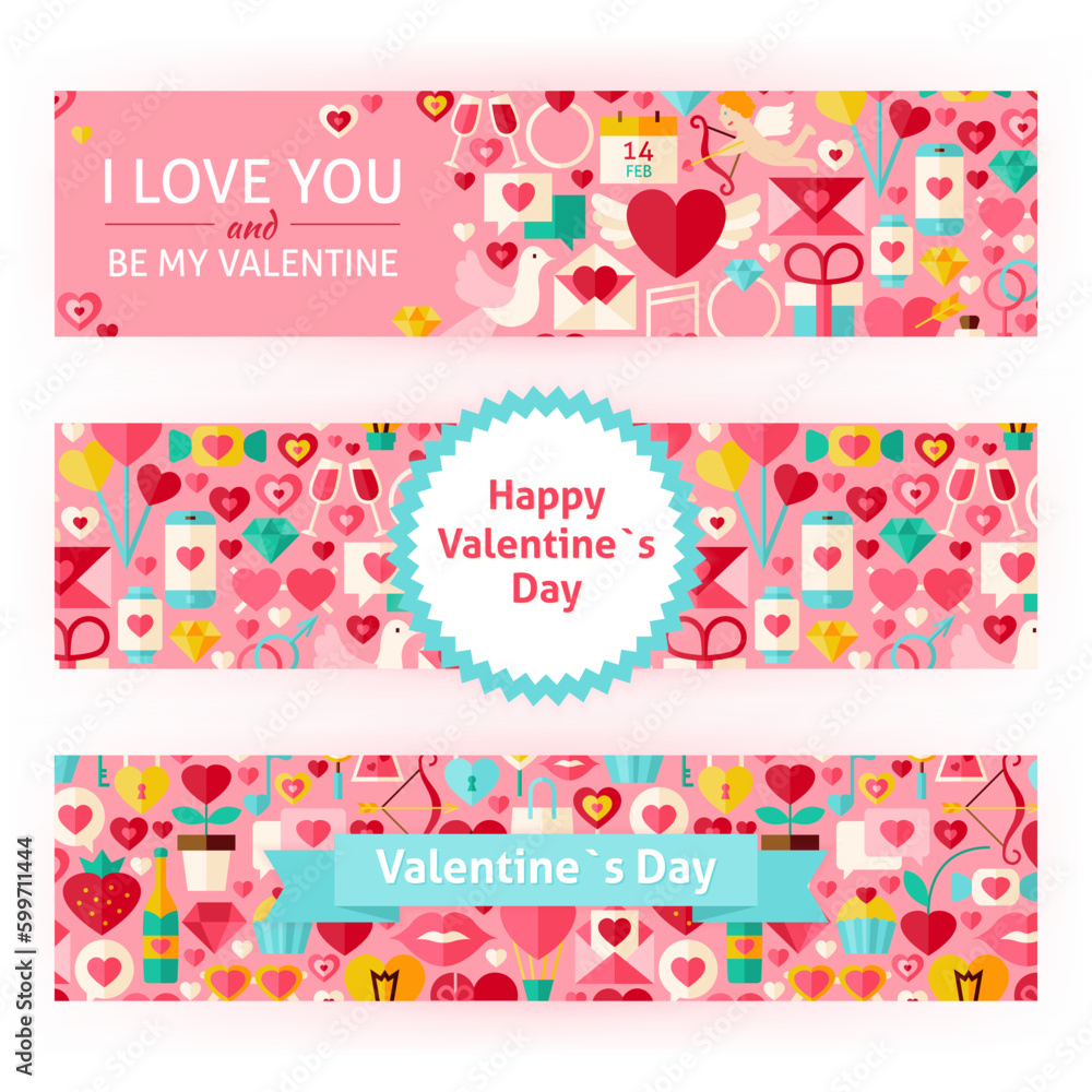 Happy Valentine Day Template Banners Set.  Flat Design Vector Illustration of Brand Identity for Love Promotion. Holiday Colorful Pattern for Advertising.