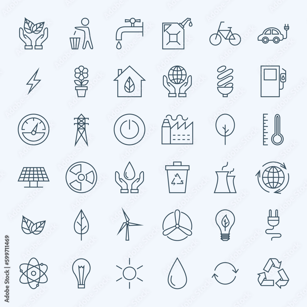 Line Green Energy Eco Icons Set. Vector Set of Modern Thin Outline Icons for Ecology and Nature Environment Items.