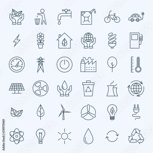 Line Green Energy Eco Icons Set. Vector Set of Modern Thin Outline Icons for Ecology and Nature Environment Items.