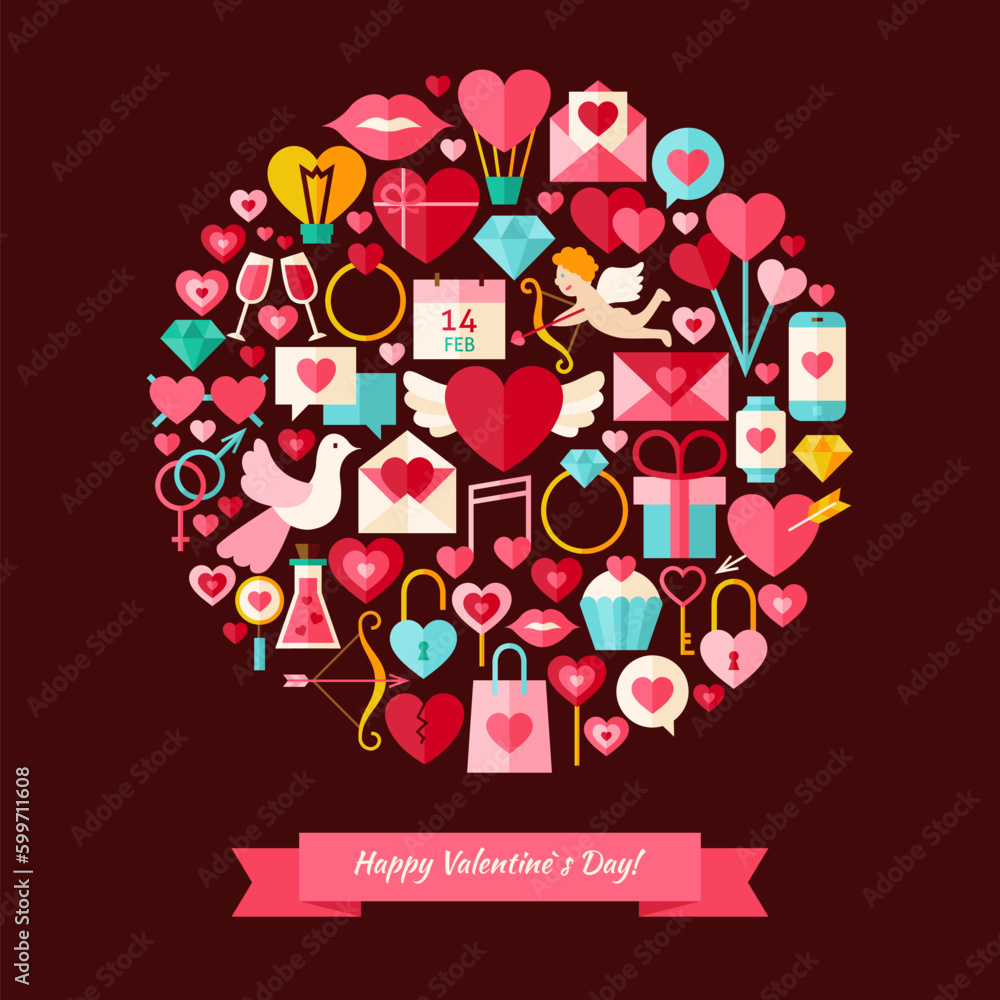 Obraz premium Vector Flat Style Happy Valentine Day Objects Concept. Collection of Love Wedding Holiday Colorful Objects. Set of Save the Date Items.