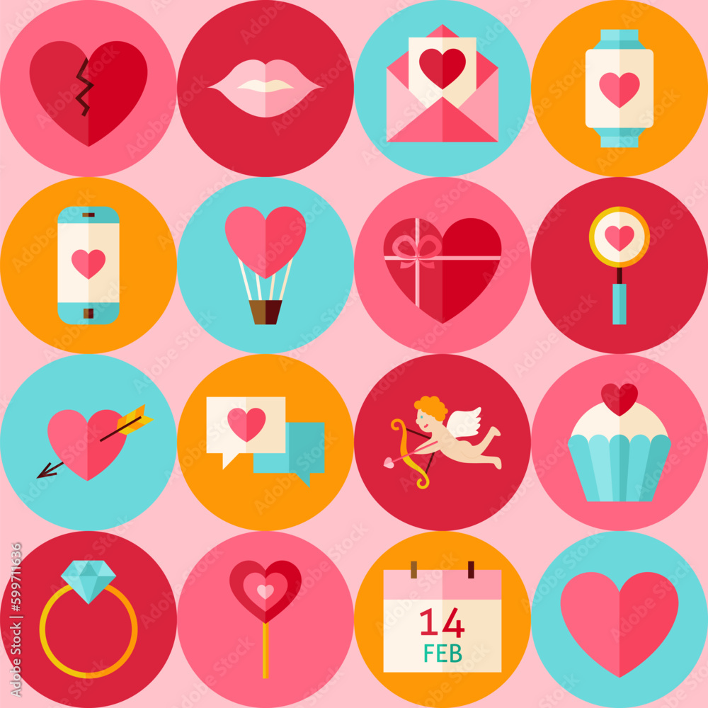 Pink Valentine Day Seamless Pattern with Circles. Love Flat Design Vector Illustration. Background. Set of Wedding Items. Pink Valentine Day Seamless Pattern with Circles. Love Flat Design Vector Illustration. Background. Set of Wedding Items.