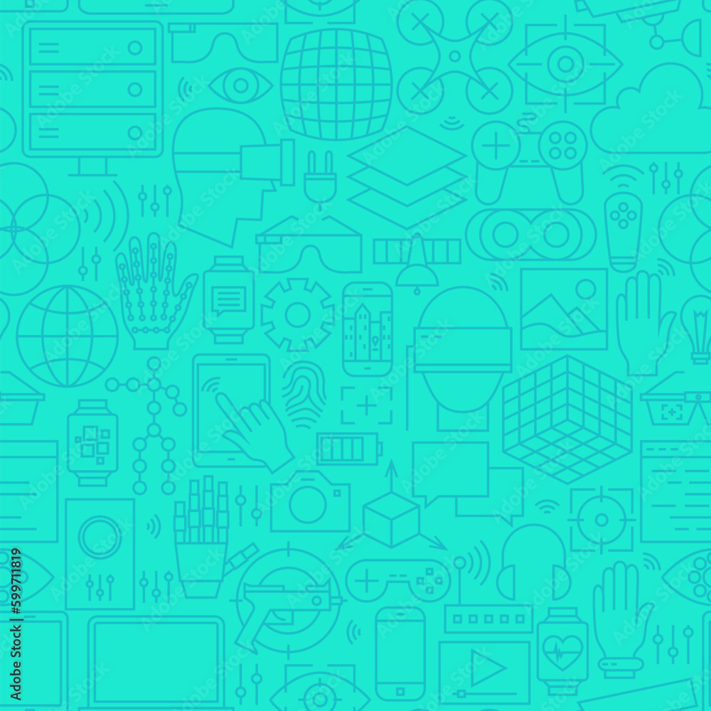 Thin Augmented Reality Line Seamless Mint Pattern. Vector Website Design and Seamless Background in Trendy Modern Outline Style. Virtual Reality Technology.