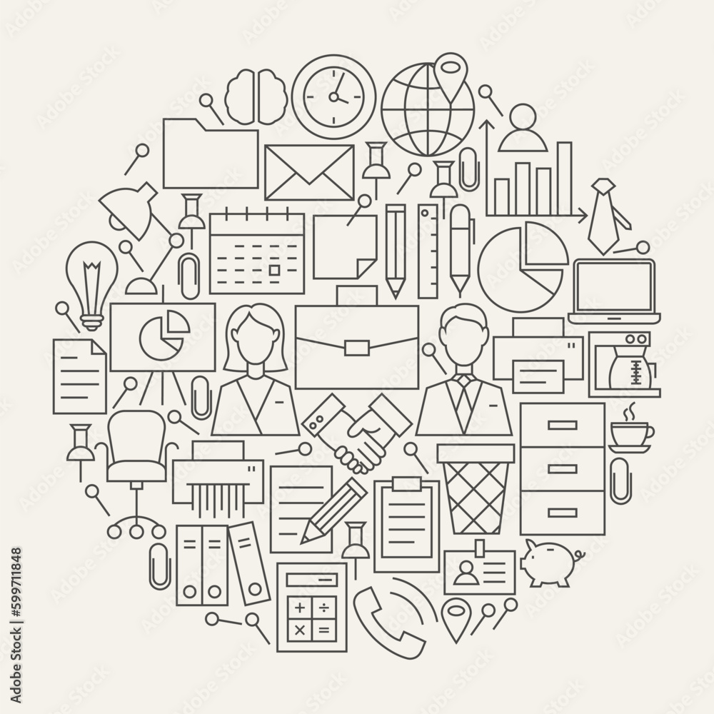 Business Office Line Icons Set Circle Shape. Vector Illustration of Modern Working Place and Job Objects. Business Office Line Icons Set Circle Shape. Vector Illustration of Modern Working Place and Job Objects.