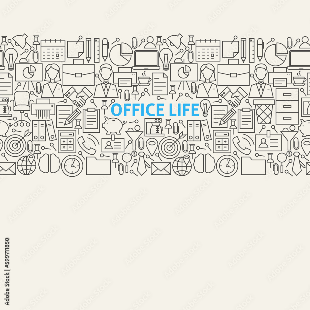 Business Office Life Line Art Seamless Web Banner. Vector Illustration for Website banner and landing page. Working Place and Job Modern Design.