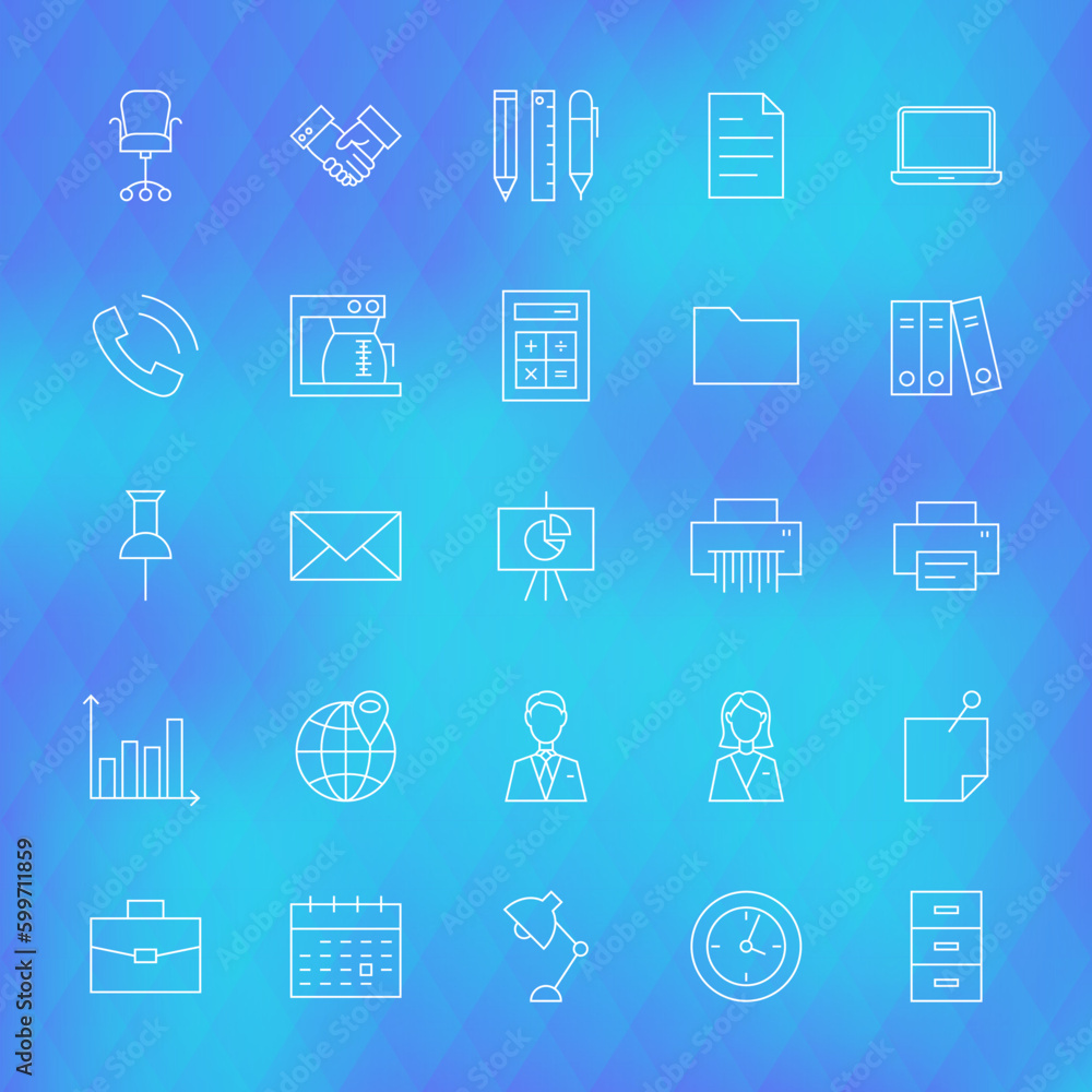Business Office Line Icons Set over Polygonal Background. Vector Set of Modern Thin Outline Working Place and Job Items. Business Office Line Icons Set over Polygonal Background. Vector Set of Modern Thin Outline Working Place and Job Items.