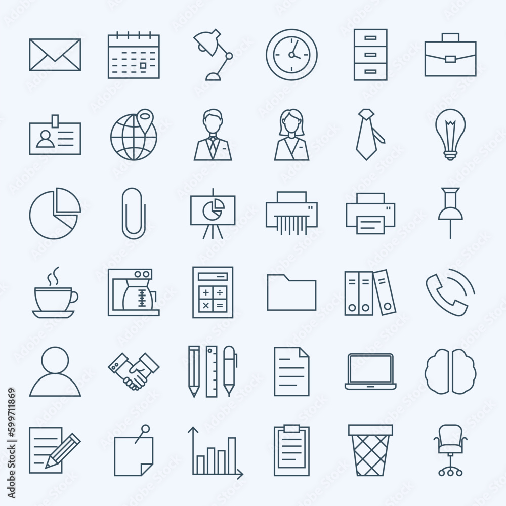 Fototapeta premium Line Business Office Icons Set. Vector Set of Modern Thin Outline Working Place and Job Items.