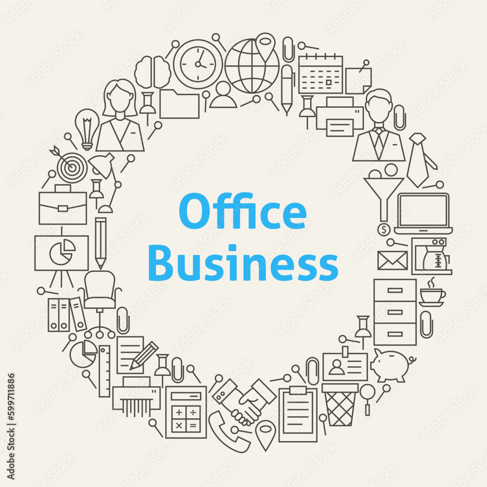 Office Life Line Art Icons Set Circle. Vector Illustration of Business Objects. Workplace and Job Items.