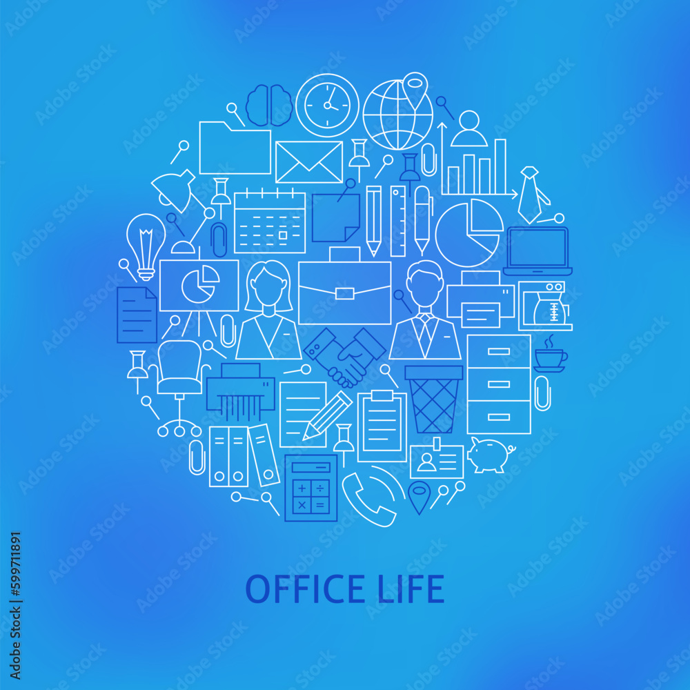 Thin Line Business Office Life Icons Set Circle Concept. Vector Illustration of Working Place and Job Objects over Blue Blurred Background.