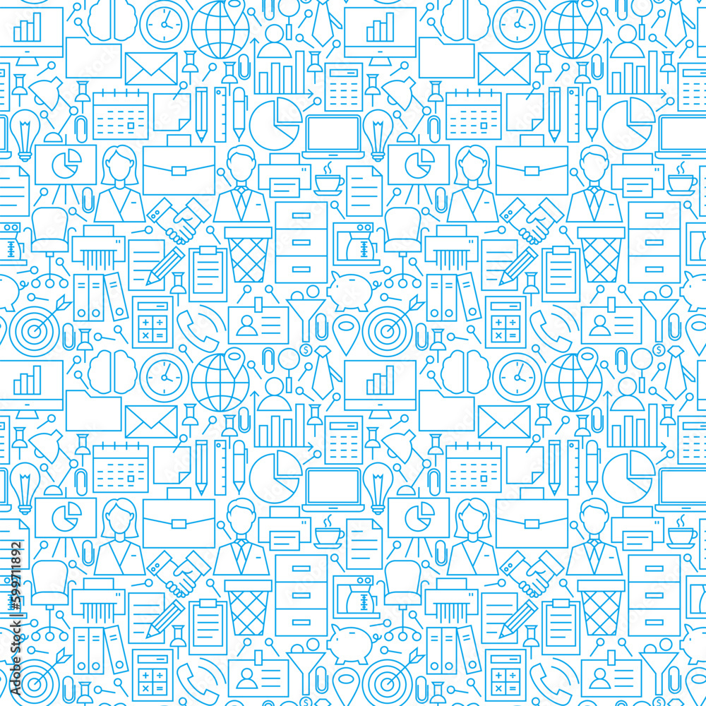 Thin Line Business Office White Seamless Pattern. Vector Website Design and Seamless Background in Trendy Modern Outline Style. Working Place and Job.