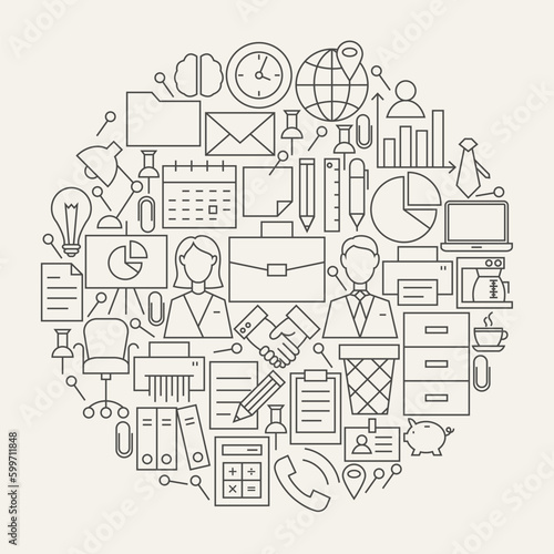 Business Office Line Icons Set Circle Shape. Vector Illustration of Modern Working Place and Job Objects.
